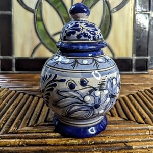 Hand Made Small Mexican Talavera Blue & White Lidded Ginger Jar
